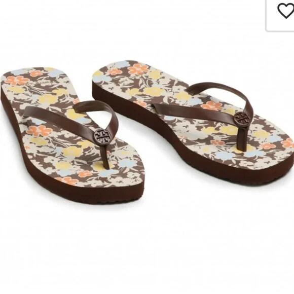 NWOB Tory Burch Soho Reverie Walnut Brown Floral Thin Flip Flops Sandal Flat 9 - Picture 1 of 11